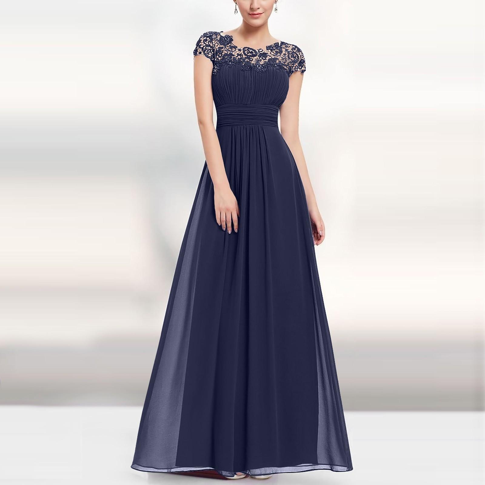 Damenmode, florales, formelles Spitzen-Vintage-Kurzarm-, schmales, langes Hochzeitskleid L navy blau