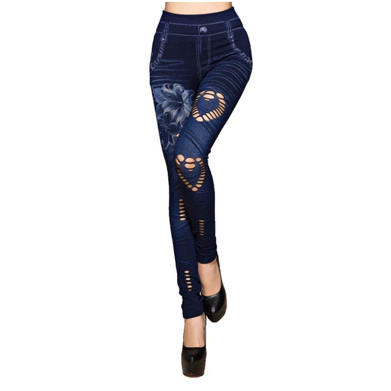 Schlanke Frauen Leggings Faux Denim Jeans Leggings Loch Herz Druck Casual Frauen Kleidung Bleistift Hosen XL blau