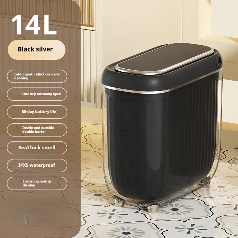 Intelligenter Sensor Mülleimer Badezimmer Toilette Spalt Abfallaufbewahrungsbox Wasserdicht Innen Außen Doppelbehälter Küchenzubehör Haushaltswaren Battery black