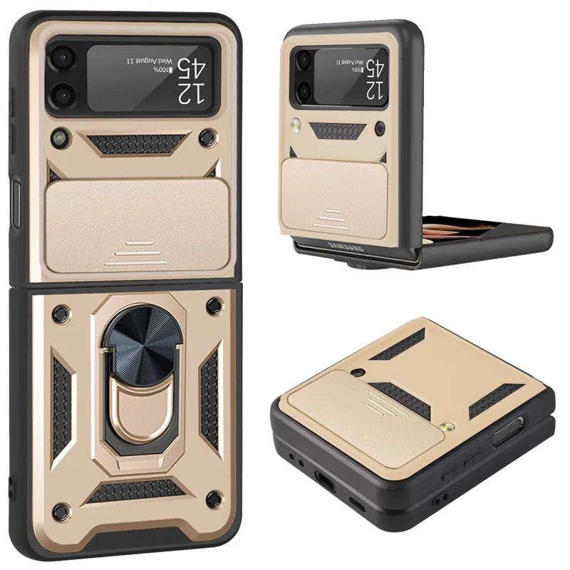 Armor Stoßfeste Hülle für Samsung Z Flip 5 Magnetischer Auto-Ringhalter Ständer Rückseite Hülle Schiebe-Objektivabdeckung für Galaxy Z Flip 3 4 5G For Galaxy Z Flip 5