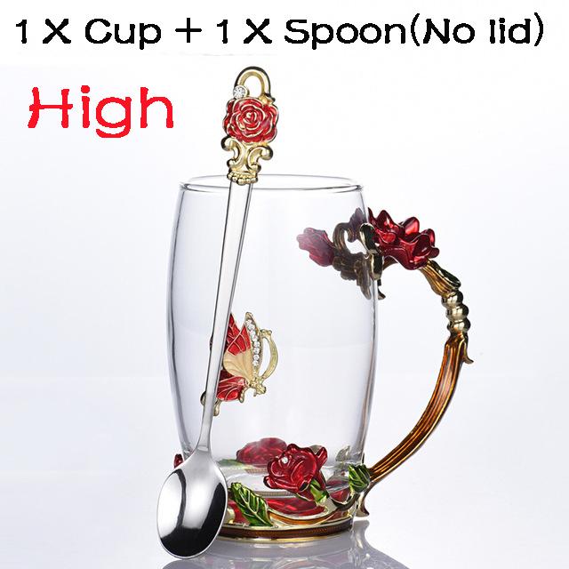 Schönheit und Neuheit Emaille-Kaffeetasse, Becher, Blumen-Teeglas, Tassen für Getränke, Teetasse, Löffel-Set, perfektes Hochzeitsgeschenk Without lid rose rot