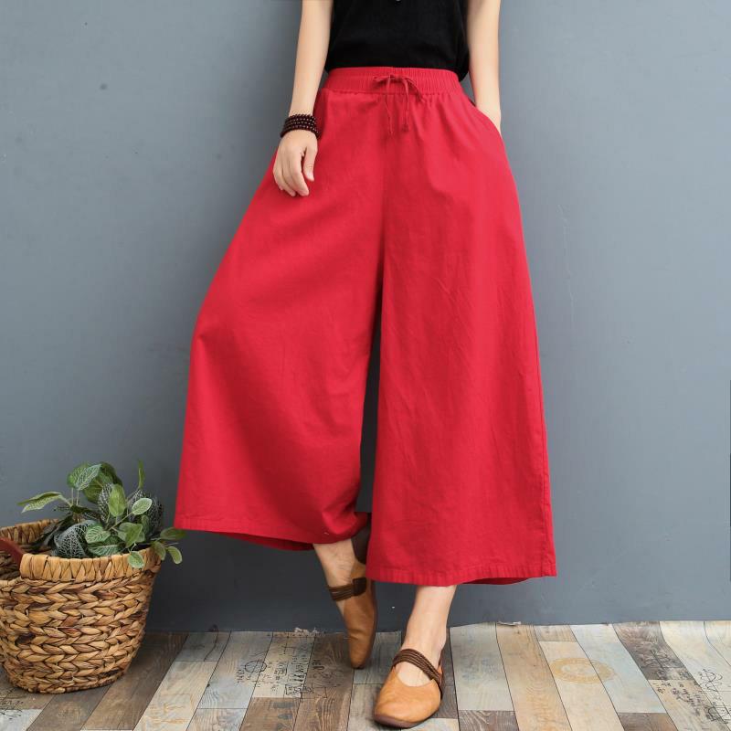 Damen Sommer Dünnschliff Baumwolle Leinen Rock Hose Reine Farbe Locker Drapiert Lässig Acht Punkte Hose L