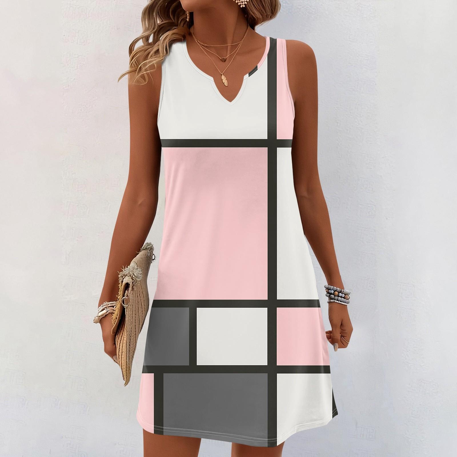 Damen Sommerkleider V-Ausschnitt Print Ärmelloses Sommerkleid Freizeitkleid S rosa