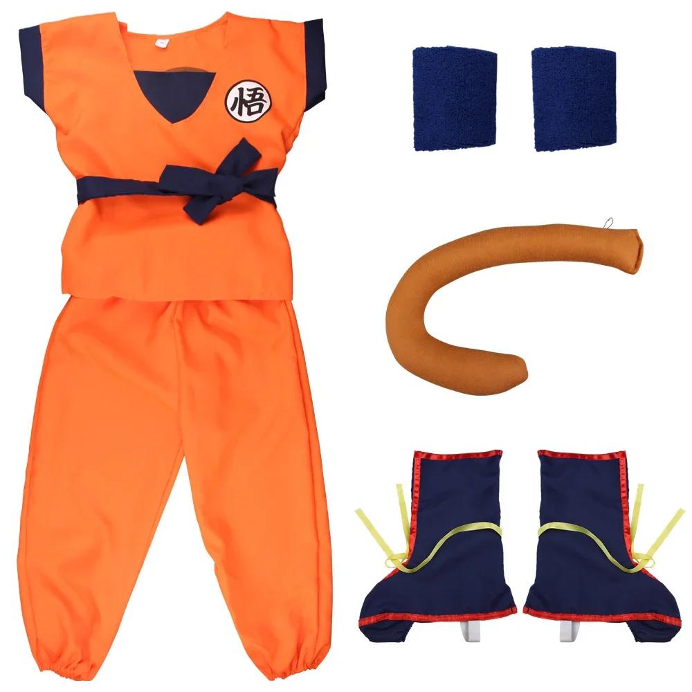 Kinder Anime Son Goku Cosplay Kostüme Krillin Trainingskleidung Superhelden Outfits mit Super Saiyajin Perücke Comic Con Party Kostüm 110cm