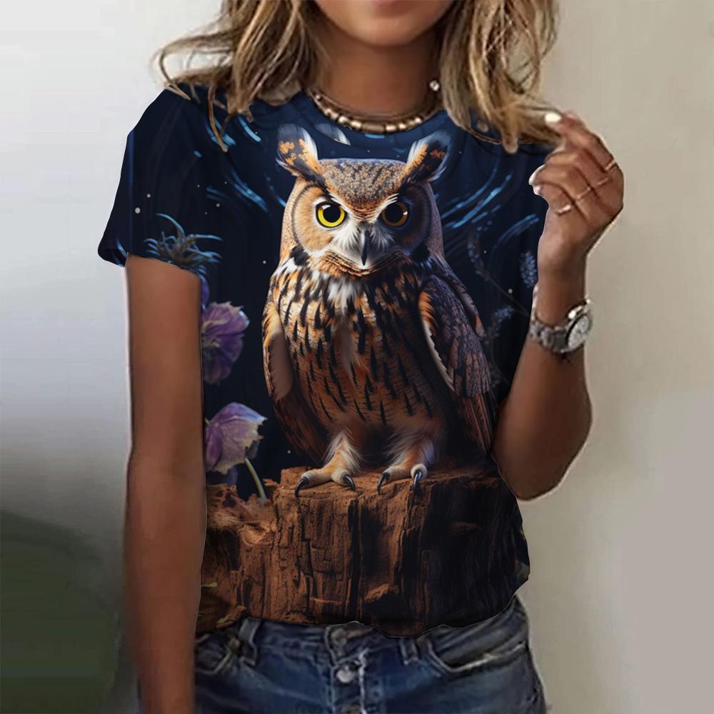Damen Kurzarm T-Shirt mit 3D-Grafikdruck und niedlicher Eule, modischer Tierdruck, Rundhalsausschnitt, übergroße Damenkleidung, Damenoberteil 6XL