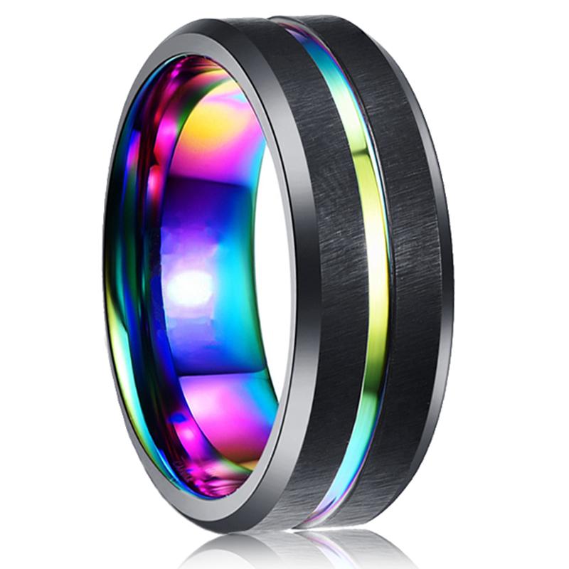 Modische kupferfarbene Herrenringe aus Edelstahl, hochglanzpoliert, mit doppelter Nut und blauem Opal-Inlay, Hochzeits- und Verlobungsringe für Damen 13
