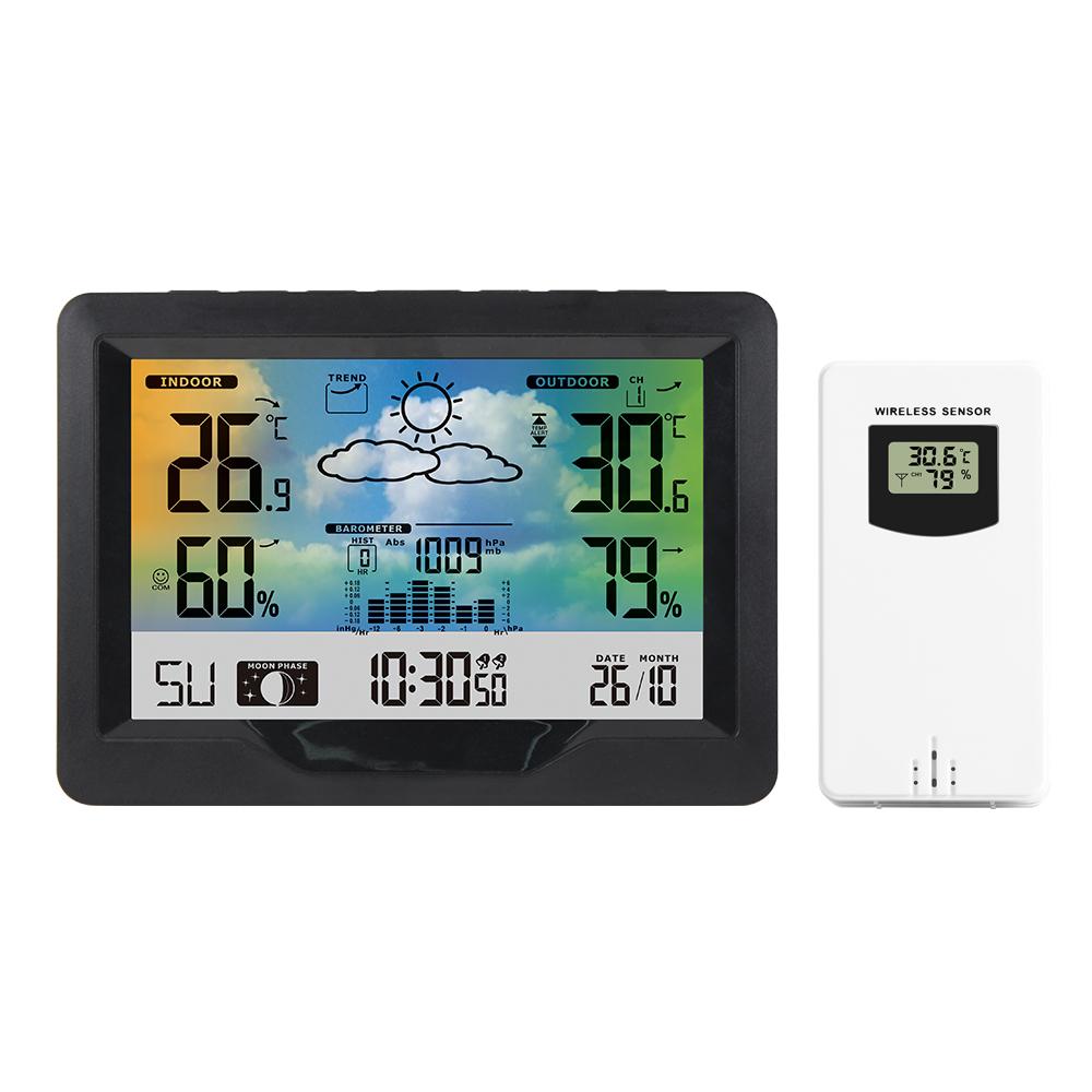 2023 drahtlose Wetterstation Forecaster Indoor Outdoor Thermometer Hygrometer mit Sensor Farb-Touchscreen Wecker Kalender schwarz