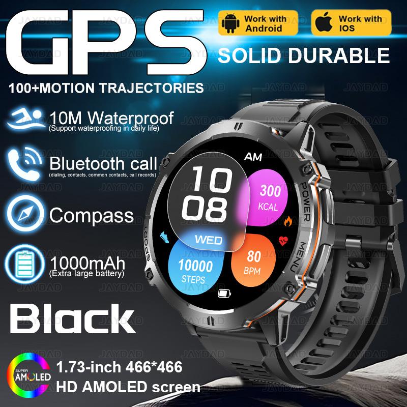 Outdoor-Sport Smartwatch 1000mAh Akku 1,73-Zoll AMOLED-Bildschirm Herrenuhr Kompass 10ATM Wasserdicht Bluetooth-Anruf Smartwatch schwarz