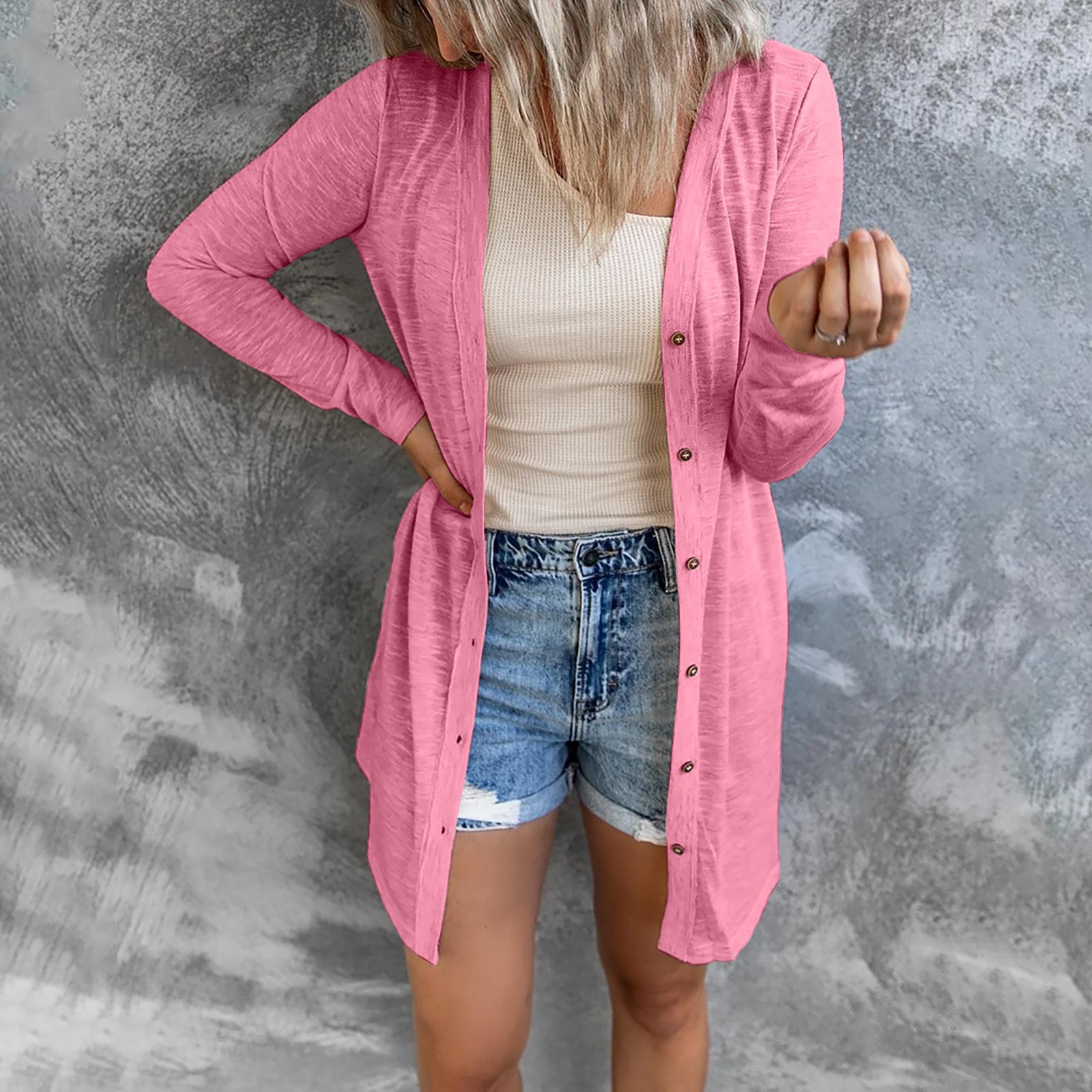 Frühling und Herbst Damen Strickjacke Übergröße Langer Knopf Einfarbig Lässige Langarm Strickjacke M rosa