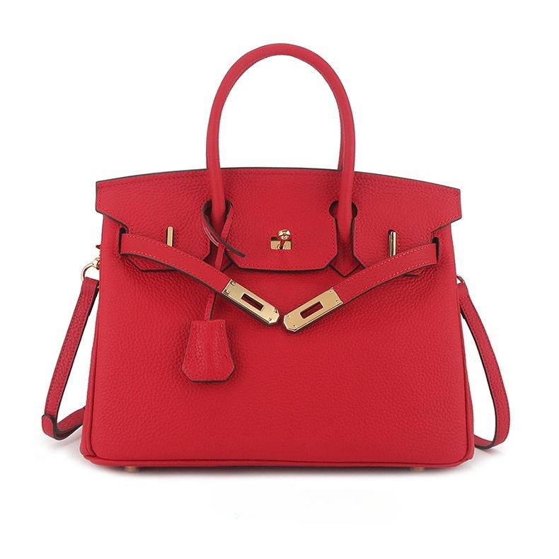 Erste Schicht togo Rindsleder große Kapazität Leder Litschi-Muster Damenmode Schloss Handtasche 25x13x19cm leuchtend rote