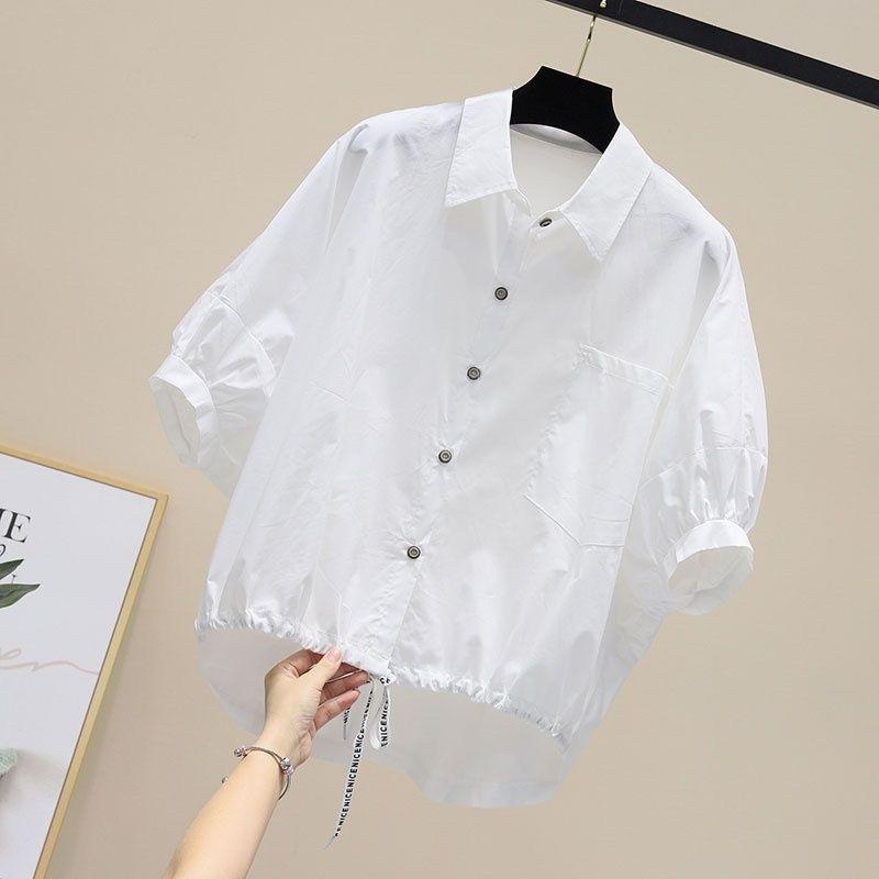 Sommer Fledermausärmel Freizeithemden Damen Mode Locker Einfarbig Übergröße Blusen Schnür-Tops Leichte Baumwolle Blusen XXXL weiß