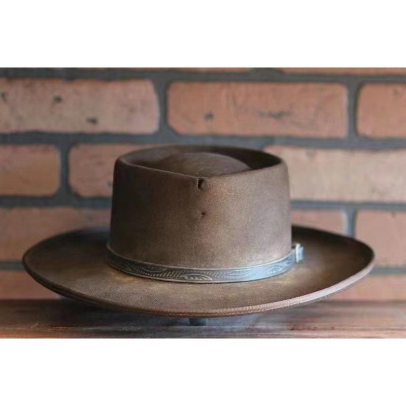 Direkt vom Hersteller Schaffellfilzhut Mode Pork Pie Hut Oberteil Fedora Hut Einfarbiger Reiner Wollfilzhut L(58-60cm) dunkelbraune