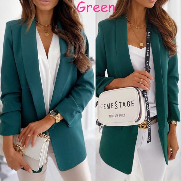 Frauen Langarm Einfarbig Anzug Blazer Casual Slim Täglichen Anzug Plus Größe S-3XL XXXL grün