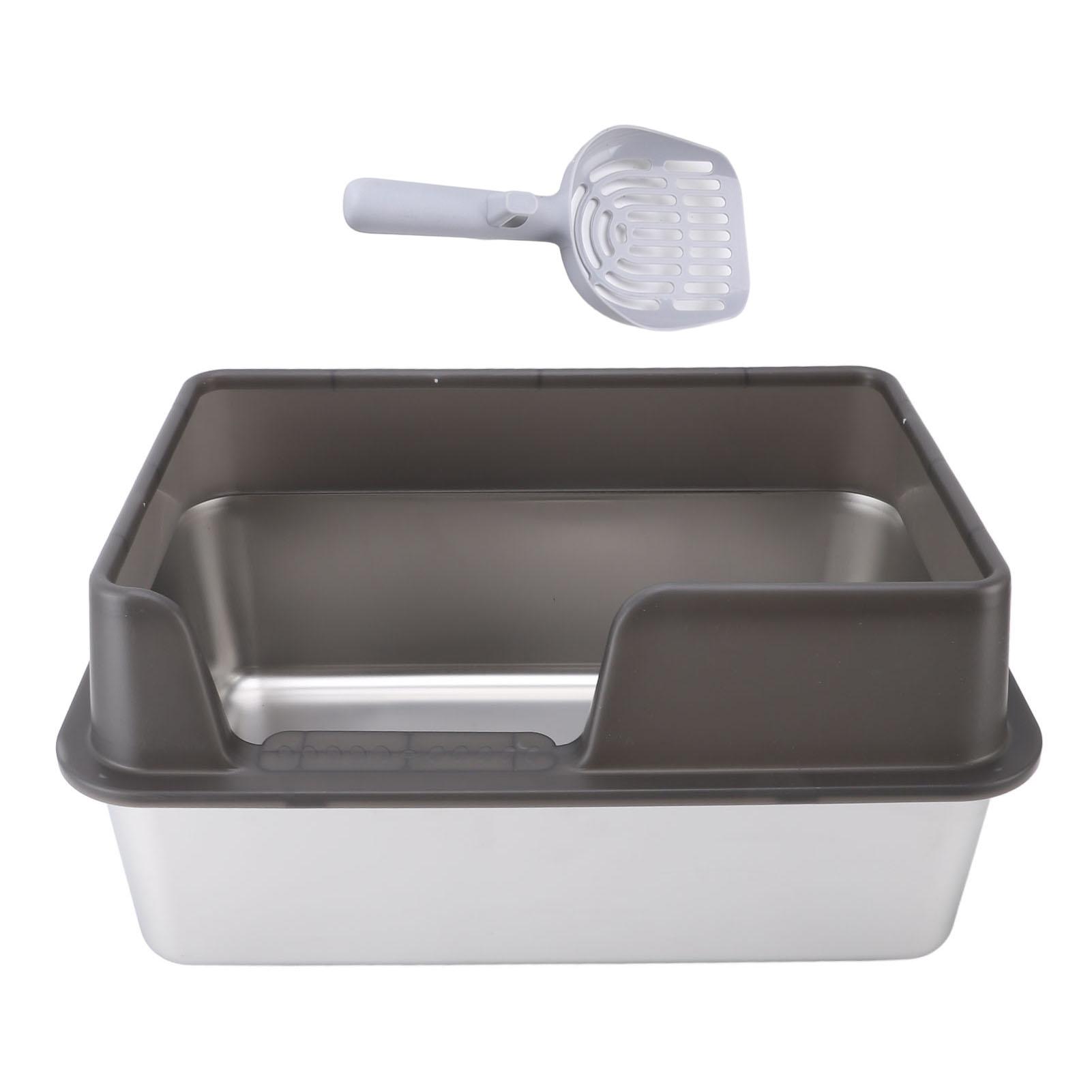 Katzentoilette aus Edelstahl, spritzwassergeschützt, groß, oben offen, hohe Seiten, Katzentoilette mit Schaufel, groß, schwarz schwarz