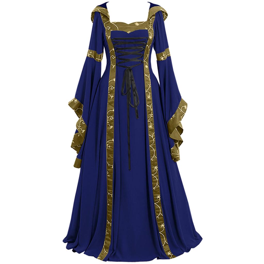 Übergröße 5XL Damen Mittelalterliches bodenlanges Kleid Cosplay Kostüme Lange Glockenärmel Schnürung Prinzessin Langes Kleid Retro Gothic Kleid 5XL blau