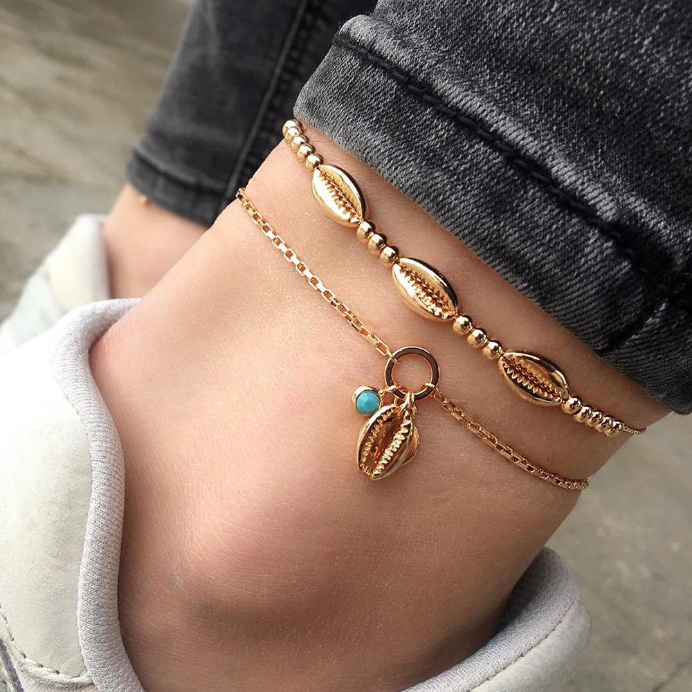 Sommer Strand Kieselstein Kette Fußkettchen Set Für Frauen Boho Muschel Anhänger Fußkettchen Am Bein Handgefertigter Modeschmuck brown