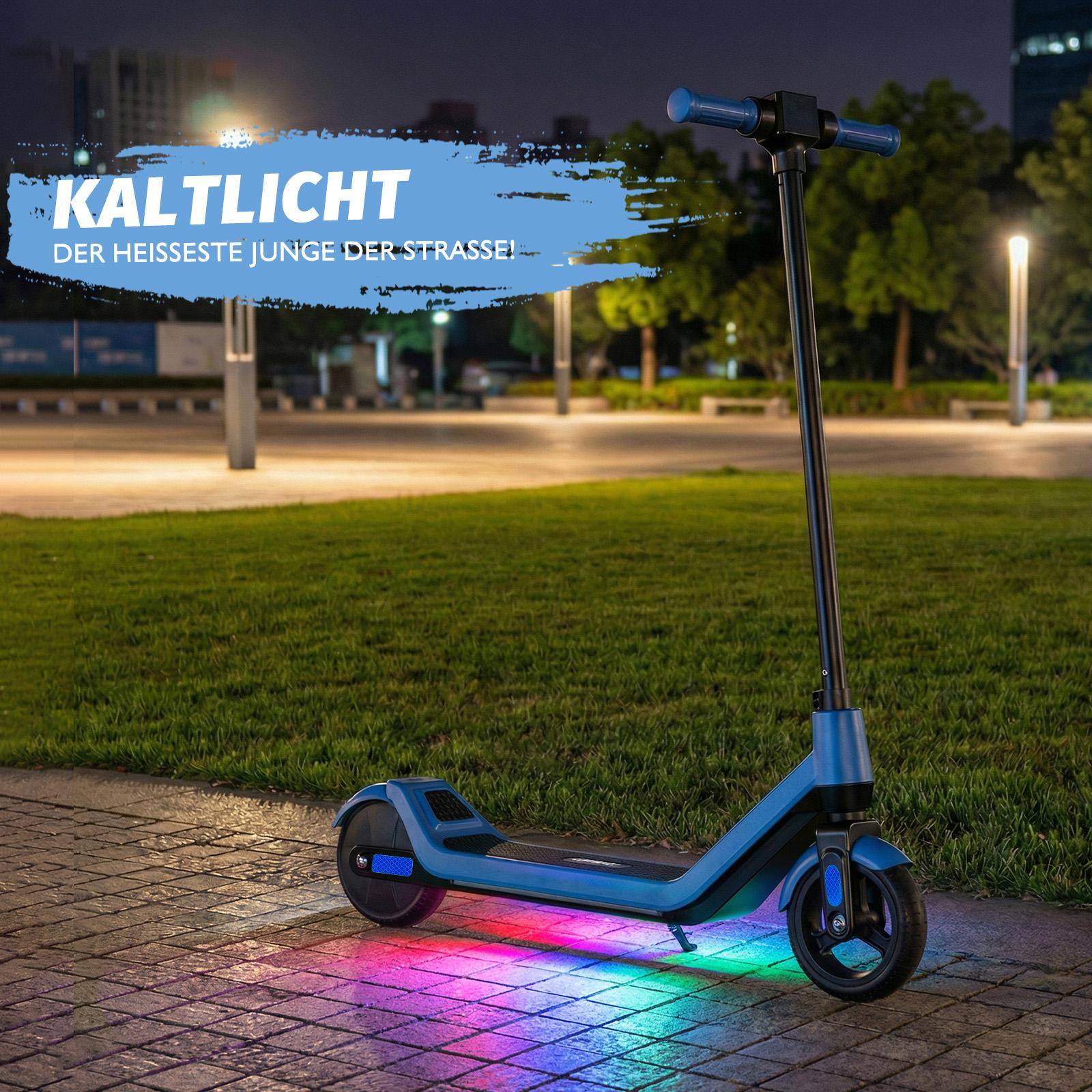 TODIMART Kinder E-Scooter: 150W Motor + 3 Geschwindigkeiten + Bluetooth-Lautsprecher + Bunte LED-Lichter – Fahre mit Musik & Stil! T1-blue blau