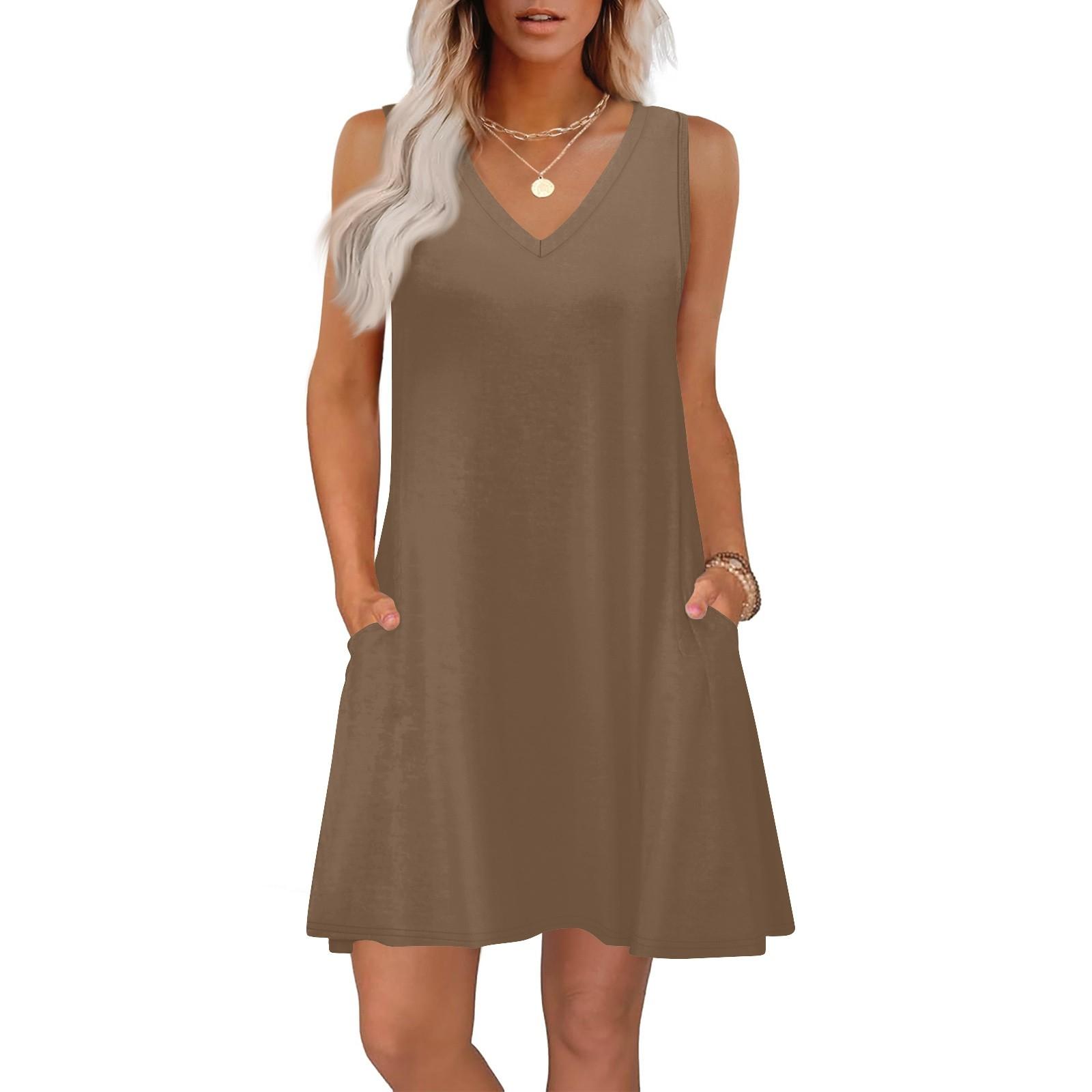 Sommerkleider für Damen, lockere Passform, einfarbig, V-Ausschnitt, ärmellos, Sommerkleider, Strand, Hawaiikleid mit Taschen XXL kaffeebraun