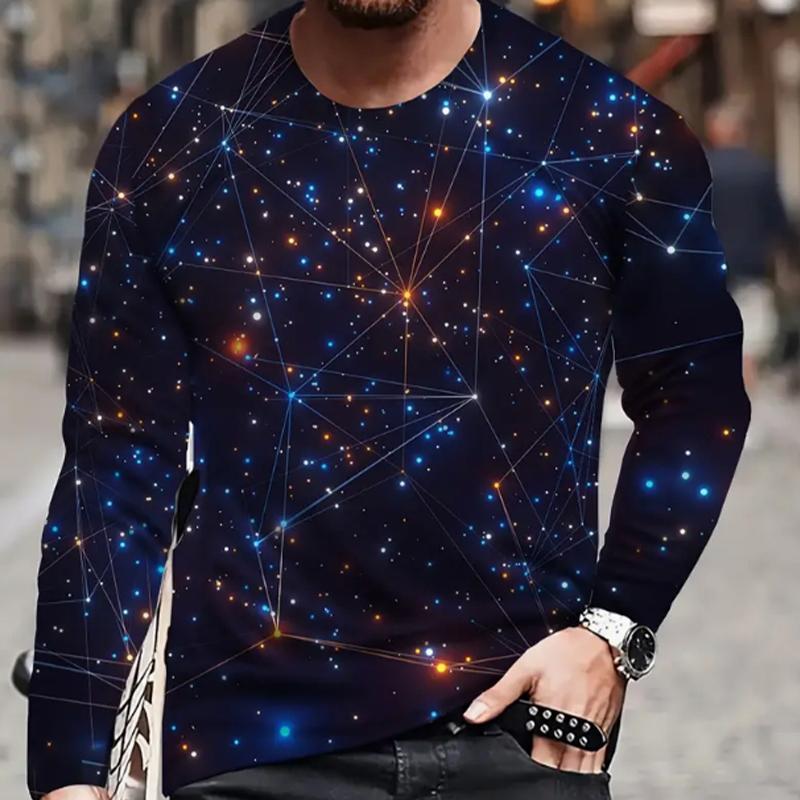 Herren-T-Shirts mit Sternenhimmel-Aufdruck, langärmelig, Rundhalsausschnitt, lässiger Pullover, Herrenbekleidung in Übergröße S blau