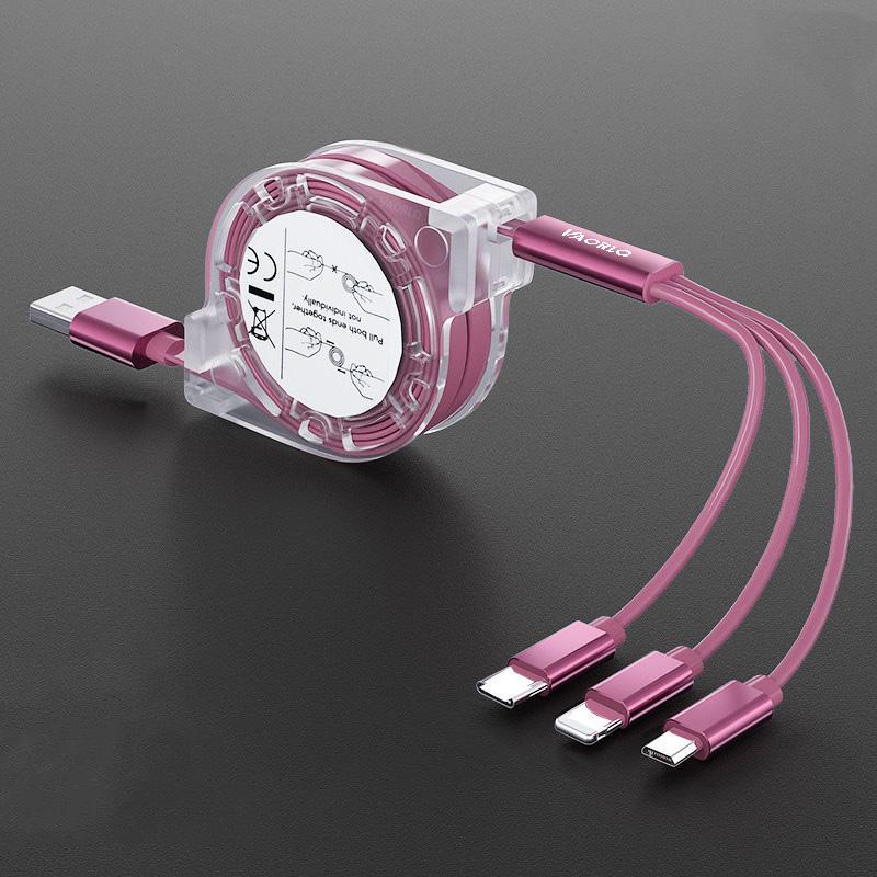 VAORLO 3-in-1-Ladekabel, einziehbar, USB-Aufladung für XiaoMi, HuaWei, Samsung, 2,4 A, schnelles Laden, tragbares Ladekabel, Micro-Typ-C, 8-polig rosa