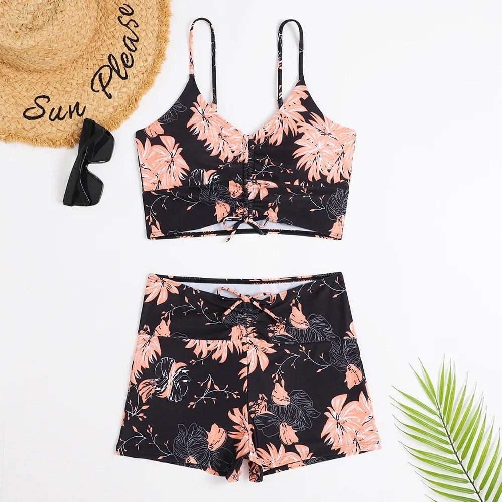 Hohe Taille Bikini Badeanzug Frauen 2024 Push-Up Bikini Floral Badeanzug Druck Bikini boxer Bademode Badehose Badeanzug S rosa