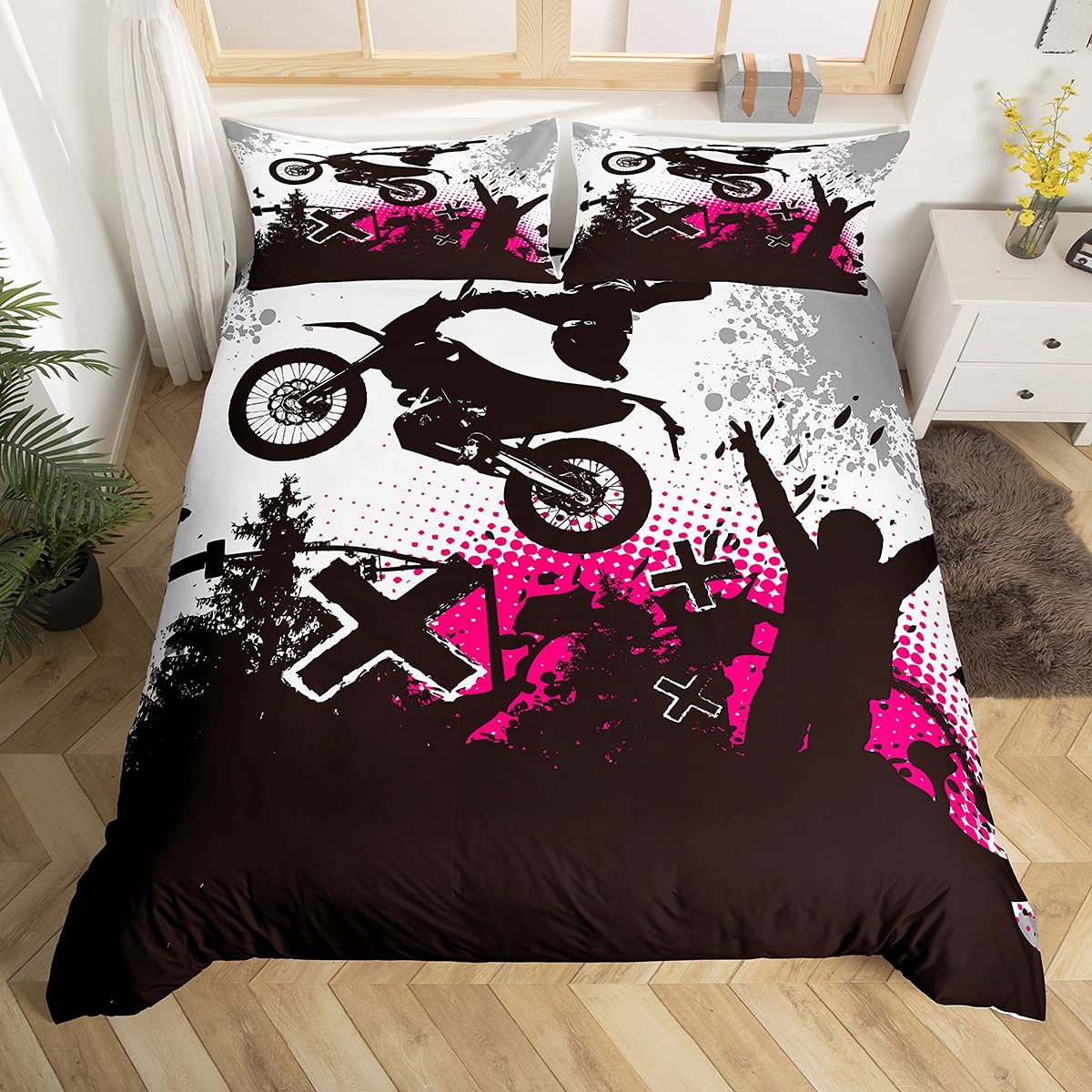Dirtbike-Bettbezug, Twin, Motocross-Fahrer-Bettbezug, Extremsport-Bettwäscheset, cooles Motorrad-Bettwäscheset für Jungen und Erwachsene US Full(200x230cm)