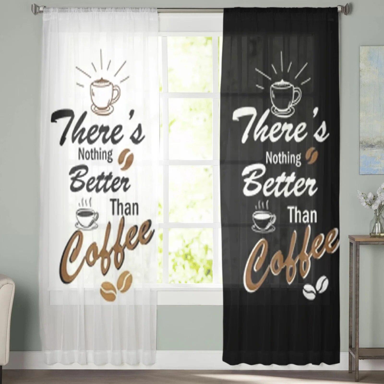Kaffeetasse Kaffeebohnen Gardinen Schlafzimmer Voile Vorhang Wohnzimmer Fenster Gardinen Küche Tüll Vorhänge 135W x 160H(cm)