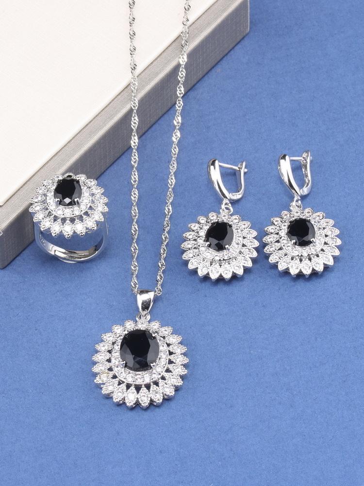 Echtschmuck für Frauen Geschenk Hochzeitskleid Elegant Luxus Halskette und Clip-Ohrringe Ring Zirkon 4-teilige Blumen-Sets resizable gray