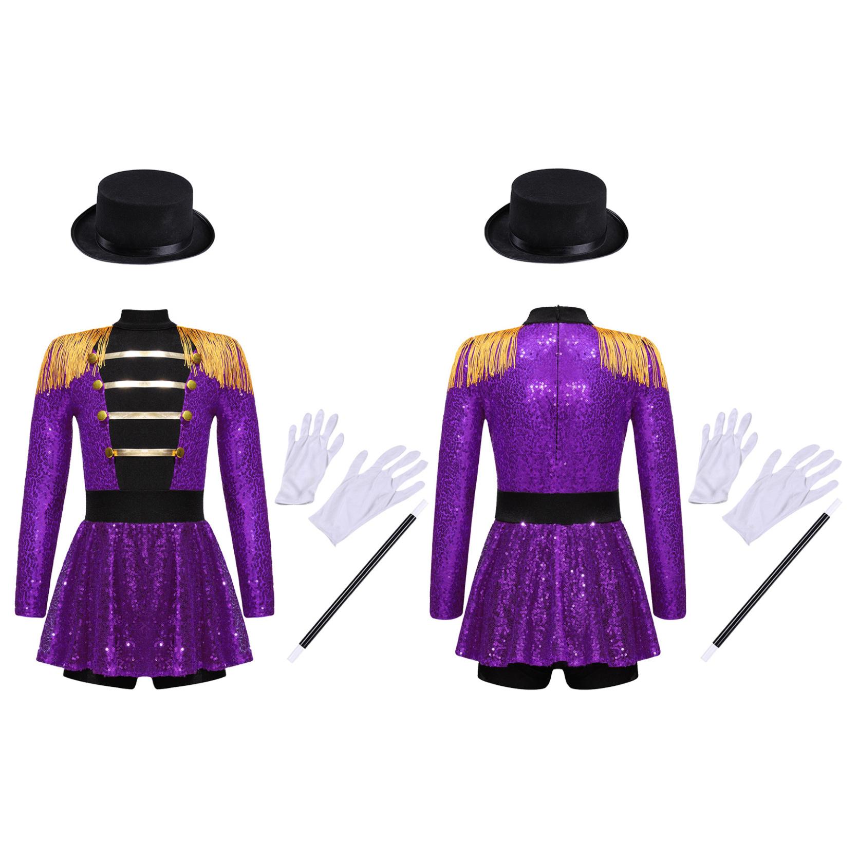 Zirkusdirektor-Kostüm für Mädchen, glänzende Pailletten, Performance-Overall, Halloween, Cosplay, Karneval, Kostüm 9-10 Years violett