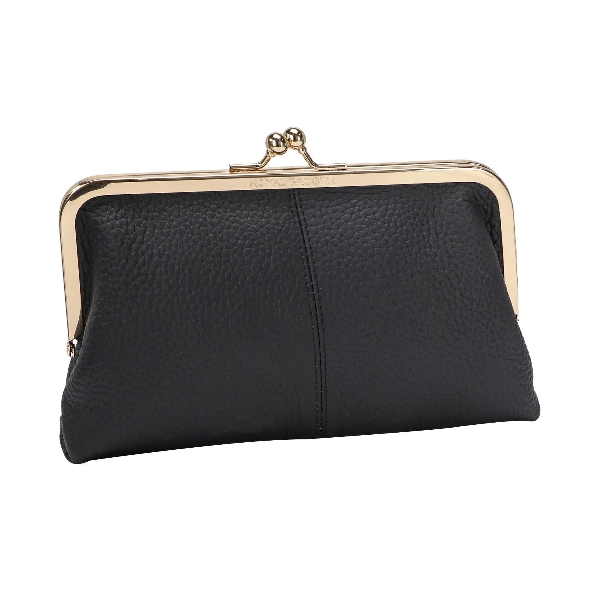 Geldbörse mit Schloss für Damen, echtes Rindsleder, große Kapazität, Kartenhalter, modische Clutch, Handy-Geldbörse 1468 schwarz