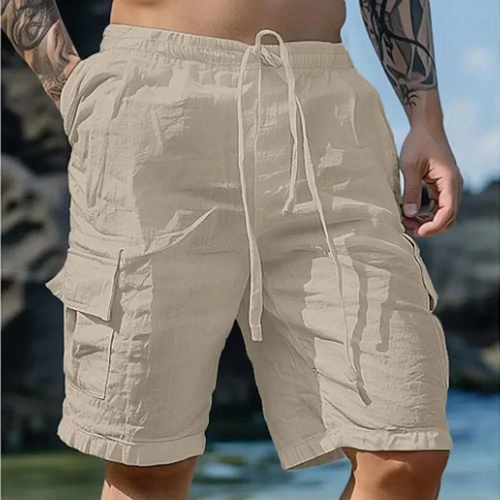 Sommer Herren Locker Baumwolle Leinen Cargo Shorts mit Taschen Beach Streetwear Sportliche Freizeitshorts Laufkurze Hose XS khaki