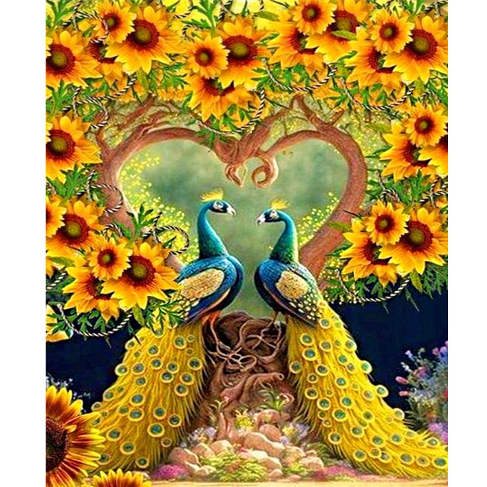 Malen nach Zahlen Rahmen für Starter-Kits Sonnenblumen und Pfau Tiere DIY Basteln Handgemaltes Bild Zahlen für Heimdekorationen 40x50 40x50cm NO Frame