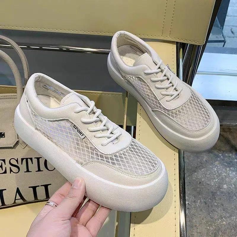 Mesh-Schuhe für Damen, Sommer, atmungsaktive Mesh-Oberfläche, lässige Damenschuhe, rutschfeste, dicke Unterseite, Muffin-Schuhe, kleine weiße Schuhe 40 beige