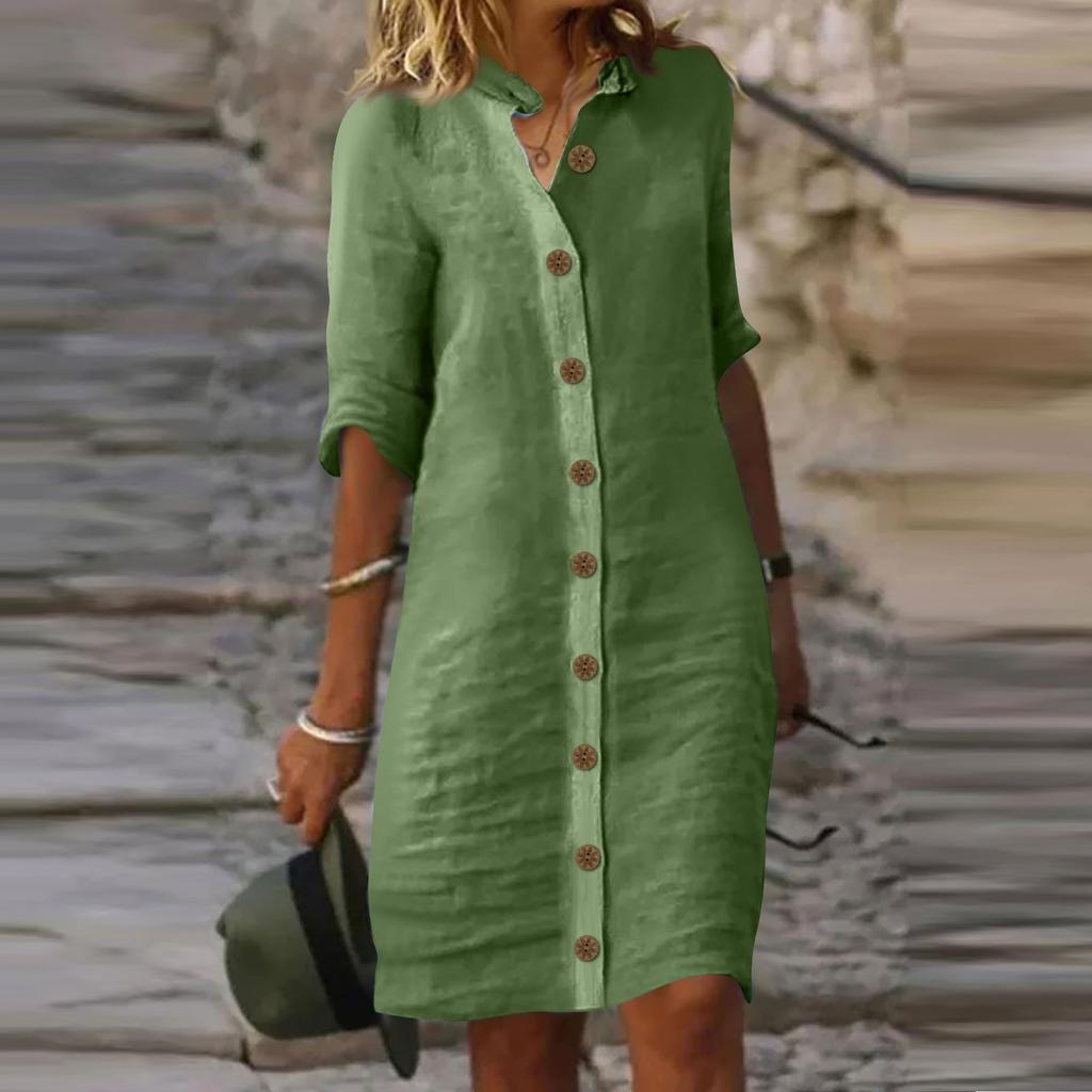 Sommer Baumwolle Leinen Hemd Kleid Frauen Taste Halbe Hülse Casual Mini Kleider Frauen Elegante Lose Strand Party Kleider Vestidos XXXL grün