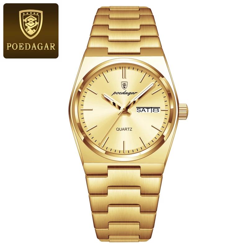 POEDAGAR Luxusuhr für Damen, elegante Quarzuhr, wasserdicht, leuchtend, Datum, Woche, Edelstahl, Damenuhren gold