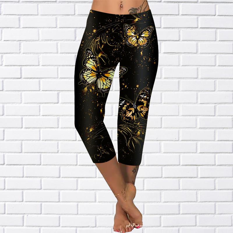 Hosen Sommer Gelbe Schmetterling Kurze Leggings Abgeschnittene Röhrenhose Plus Size Leggins Damen Drei Schmetterlinge Hosen Abgeschnittene Hosen L gelb