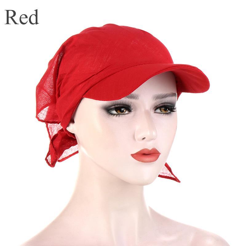 1 Stück Damen-Turban-Kappen, Durag-Krempe, Sonnenblende mit vorgebundenem Kopftuch, Hijab, Muslim, reine Farbe rot