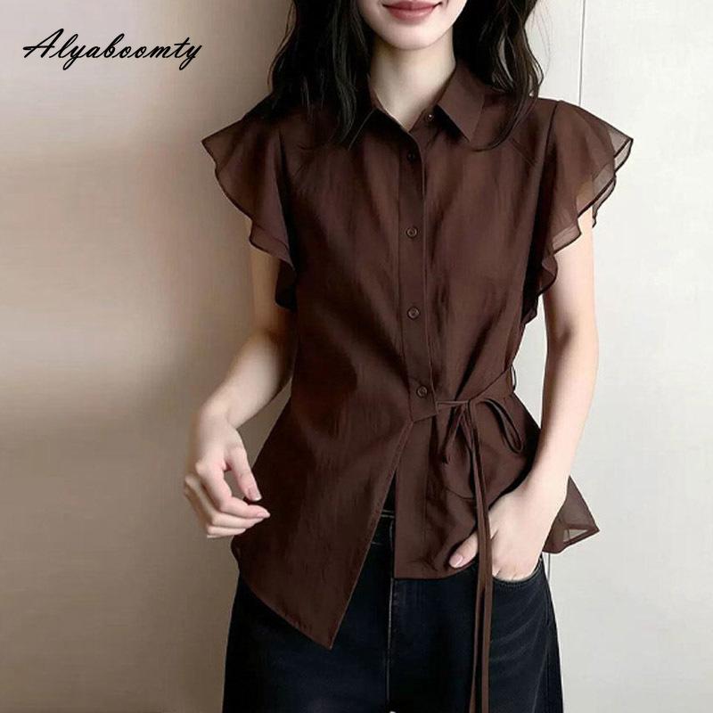 Koreanische Mode Sommer Damen Braune Bluse Umlegekragen Schnürung Stilvolles Büro-Damenhemd Schmetterlingsärmel Rüschen Feminine Bluse XL