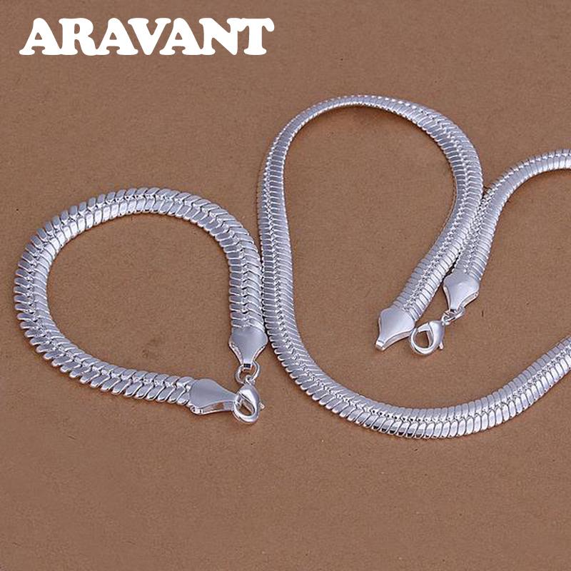 925 Silber Schmuck Sets 10mm Flache Halskette Armbänder Kette Für Männer Frauen Mode Hochzeit Schmuck