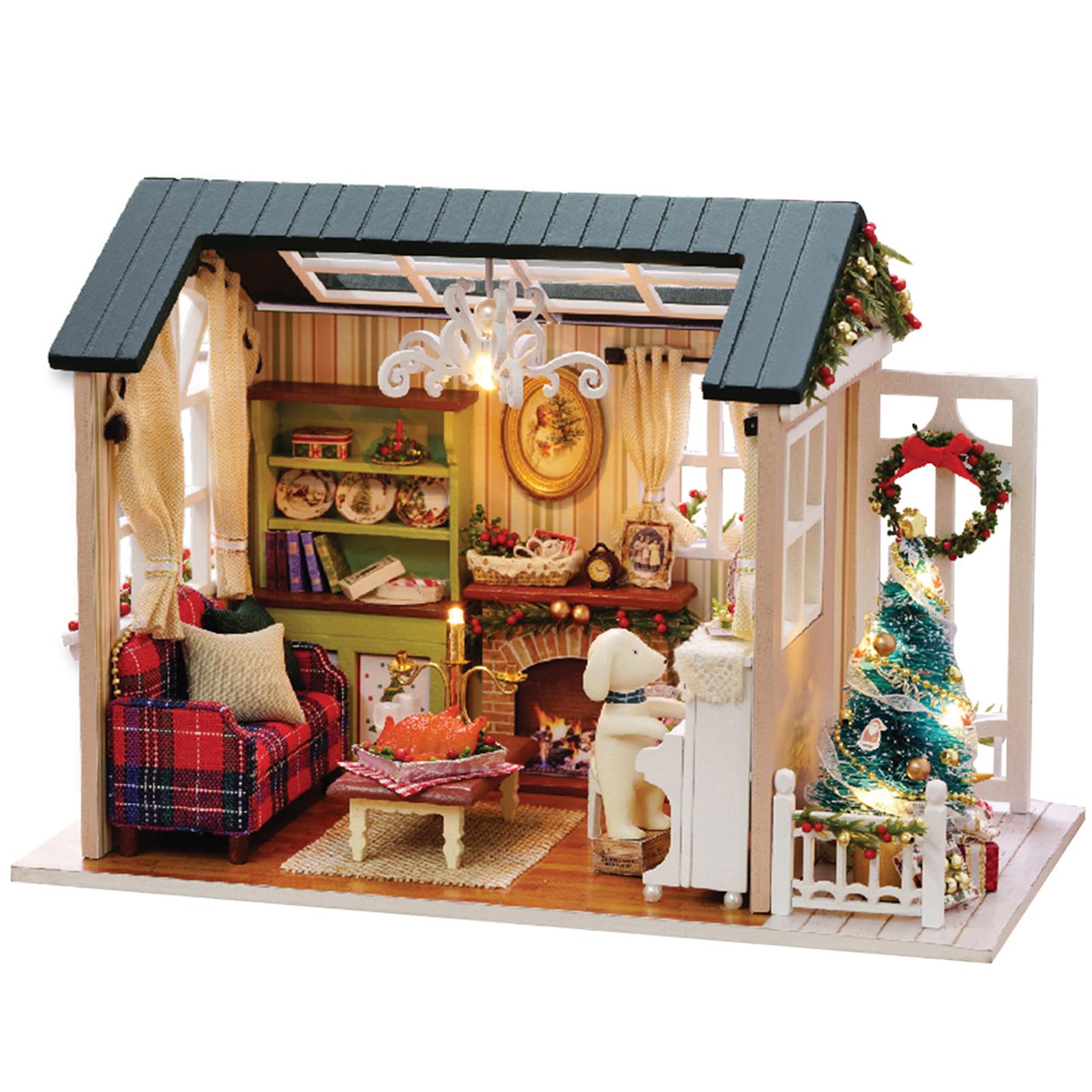 DIY Weihnachts-Miniatur-Puppenhaus-Set, realistisches Mini-3D-Holzhaus, Zimmer-Bastelarbeiten mit Möbeln, LED