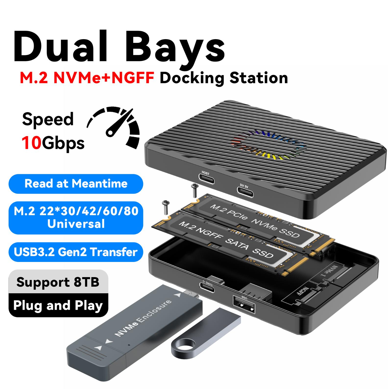 Dual Bays M2 NVME SATA SSD Gehäuse 10Gbps Duales Protokoll M.2 NVMe SATA SSD Gehäuse USB3.2 Solid State Dockingstation M.2 Festplattenbox Adapter für PC NVMe SATA