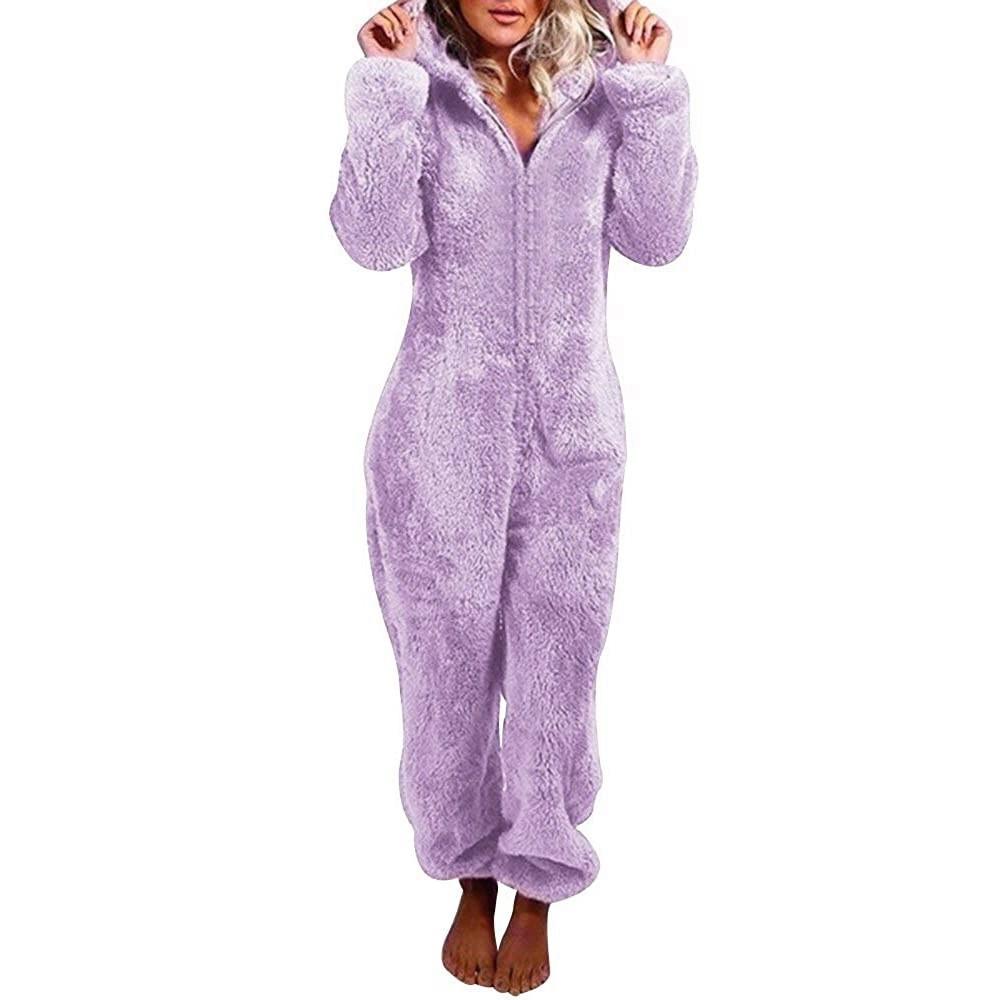 Modischer Onesies-Schlafanzug aus Fleece, Nachtwäsche, Overall, Übergröße, Kapuzen-Set, Schlafanzug für Damen und Erwachsene, für den Winter, warmer Pyjama für Damen XXXXXL violett