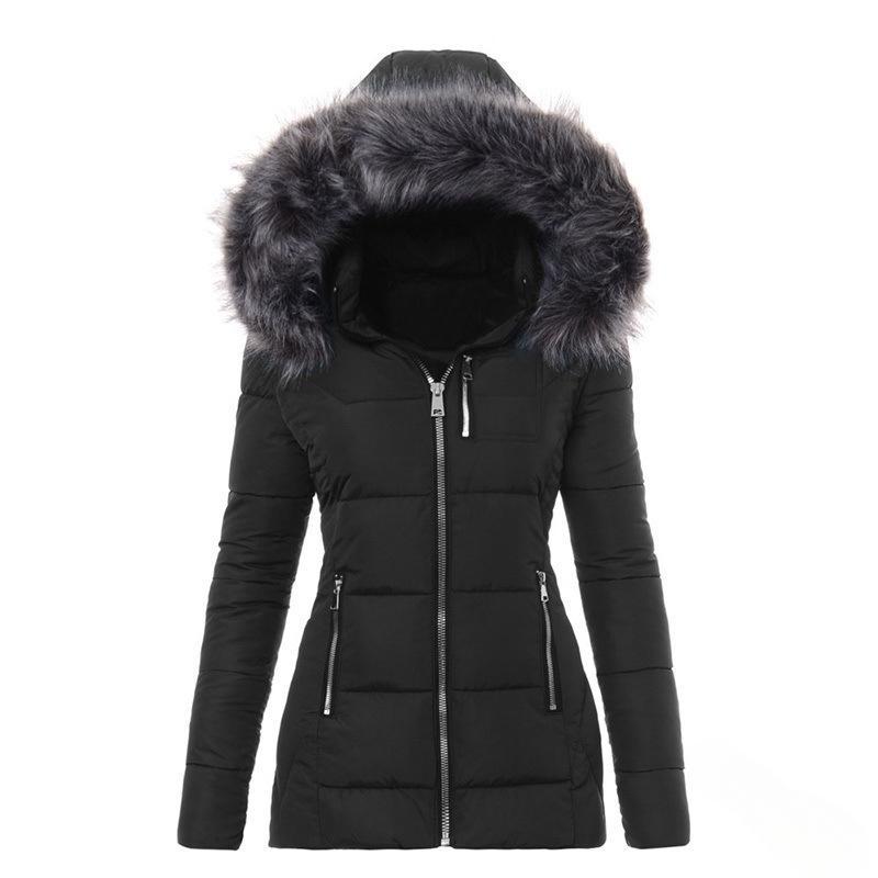 Damen Parka Jacke Baumwollmantel Winter Dick Kragen mit Pelz Kapuze Winddicht Gefüttert Jacken Oberbekleidung Reißverschluss Übermantel L