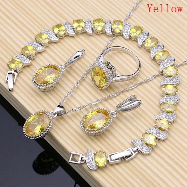 Natürlicher 925er Silberschmuck, roter Geburtsstein, Charm-Schmuckset für Damen, Ohrringe/Anhänger/Halskette/Ring/Armbänder 6 gelb