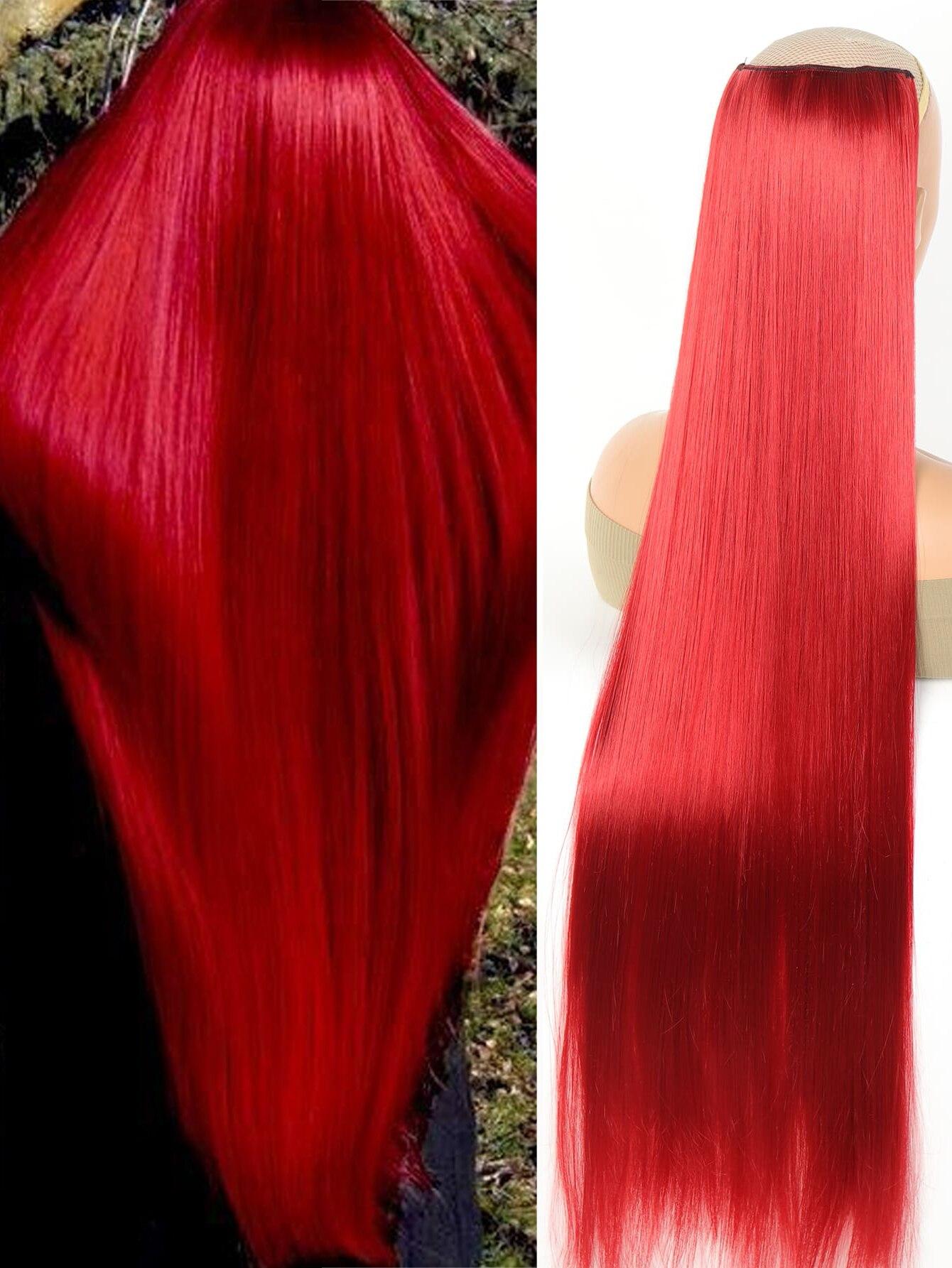 Aosiwig Kunsthaar, superlang, gerade, 100 cm, 5 Clip-In-Haarverlängerung, natürliches Haar, Schwarzblond, künstliches Kunsthaarteil für Frauen 20inches-50cm red
