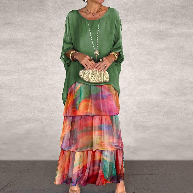 Sommer Damen Kleid Chiffon Mesh Fledermaus Ärmel Rundhals Lange Kleider 2XL bunt