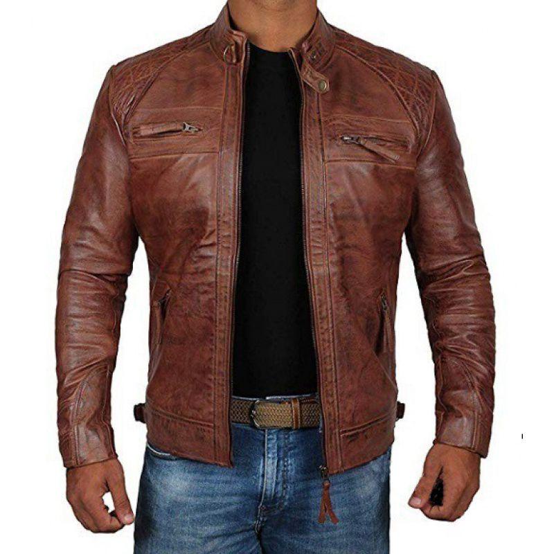 2024 Europäische und amerikanische Herren-Punk-Motorrad-Lederjacke mit Stehkragen - Frühling und Herbst L braun