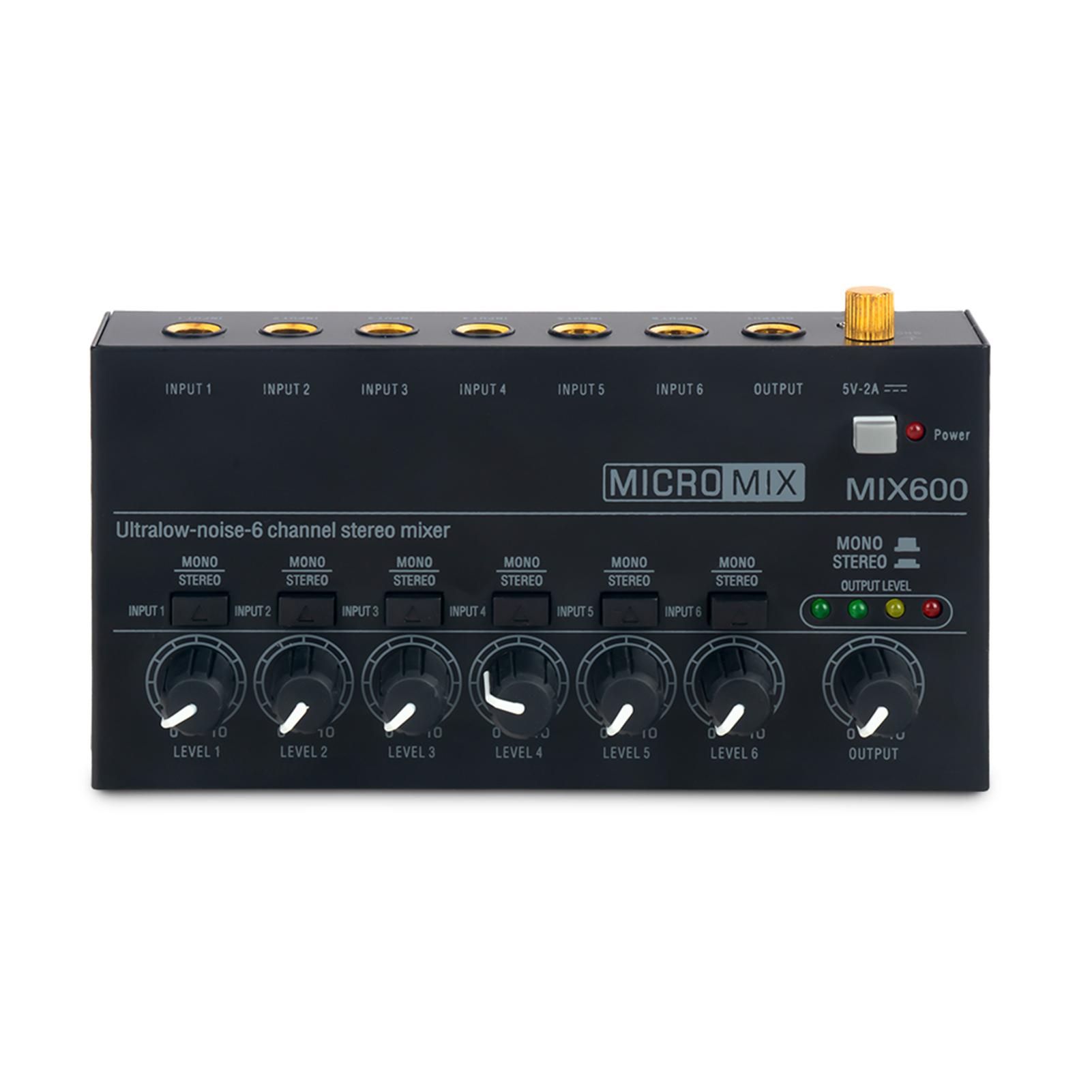 Mini-Audio-Mixer, Stereo-Line-Mixer für Sub-Mixing, extrem rauscharmer 6-Kanal-Mixer für Gitarren und Bässe EU Plug schwarz