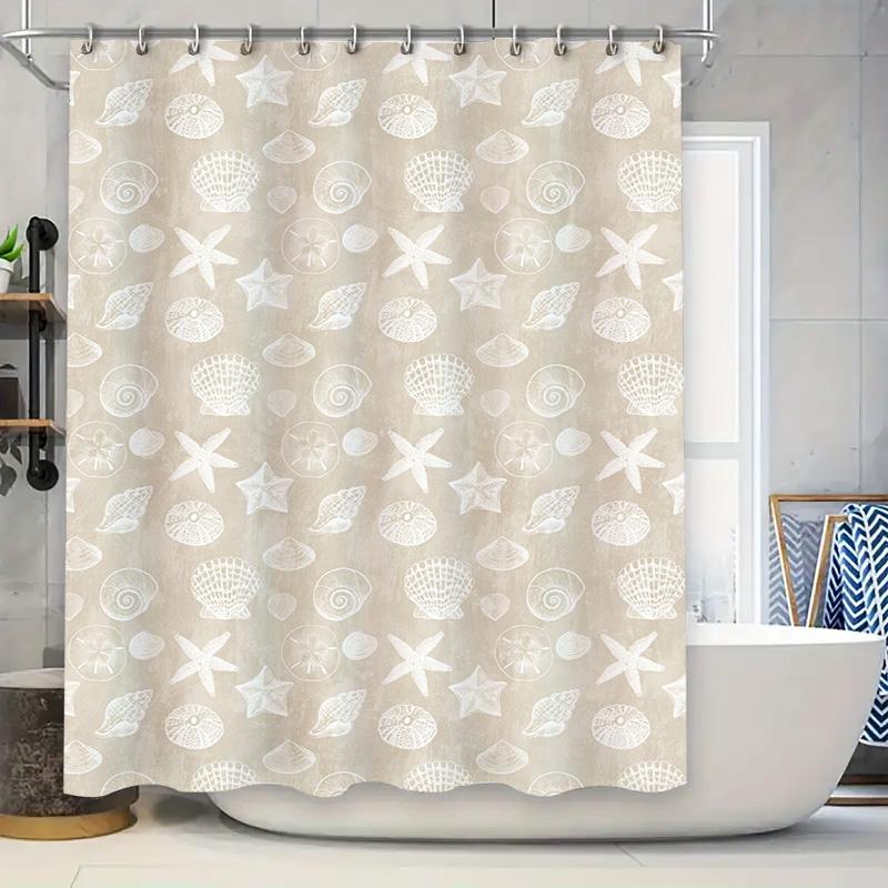 Muschel Duschvorhang Weißes Muschelmuster Duschvorhang für Badezimmer Dekoration in Beige W110H175(CM)-1 Pcs