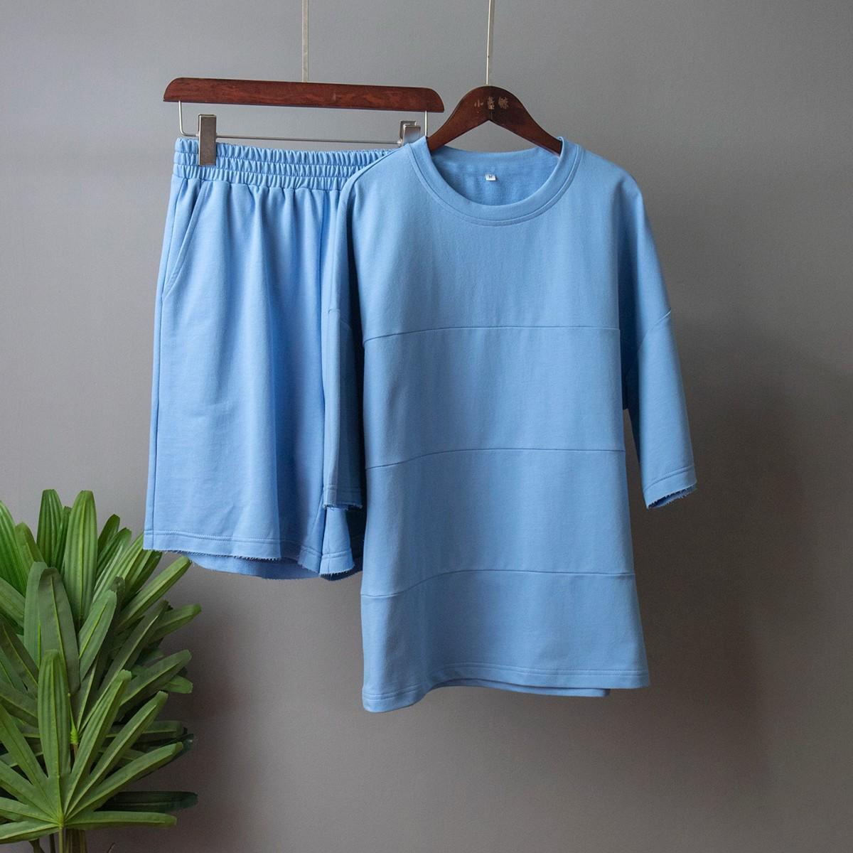 Zweiteiliges Damen-Set mit Halbarm-Shirt, hoher Taille und Kordelzug, große Größe, modische Anzüge S blau
